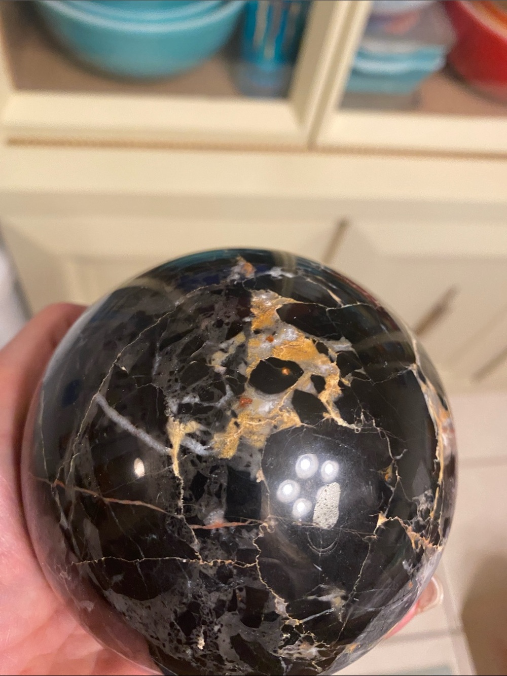 Polished Vintage Black Grey Sphere with Gold & White Veining